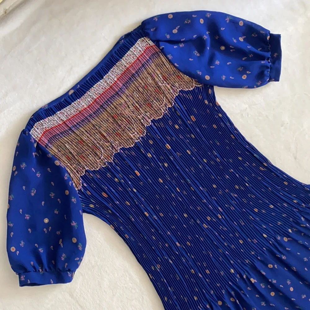 Vintage | Puff Sleeve Accordion Pleat Drop Waist Midi Dress Blue Floral Boho - Picture 13 of 16